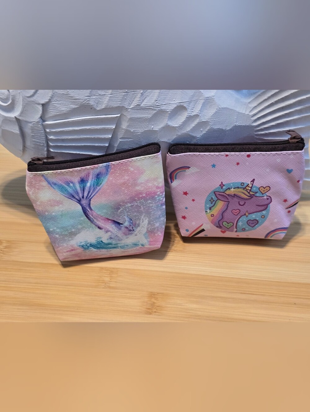 Set of 2 Watercolor Mermaid Tail and Purple Unicorn Mini Coin Purses Zipper Pouc